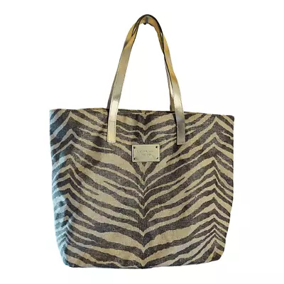 MICHAEL KORS Canvas Fabric Gold Zebra-Print Tote Bag 13” X 17” Animal Print • $49