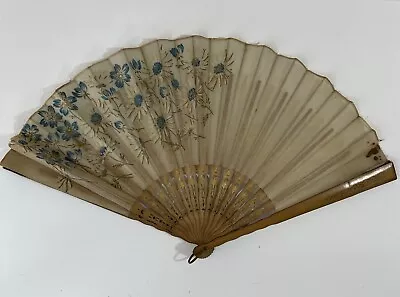 $90 • Buy Antique Hand Painted Lace Folding Fan W/ Pierced Gilt Carved Sandalwood Sticks