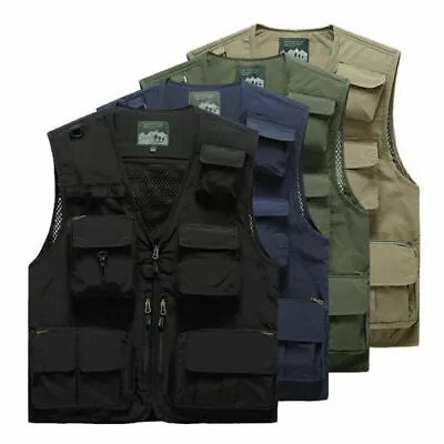 Men Sleeveless Multi-Pocket Waistcoat Safari Gilet Jacket Hiking Fishing Vest • £7.61