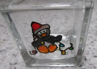 Cuboid Glass Candle Holder - Hand Painted Penguin With Lights • £4