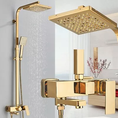 Modern Gold Exposed Bathroom Shower Mixer Twin Head Bar Set Square Valve Brass • £120