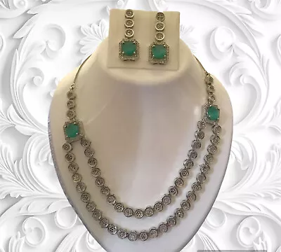 Indian Bollywood Silver Plated CZ Ethnic AD Jewelry Earrings Necklace Bridal Set • $19.48