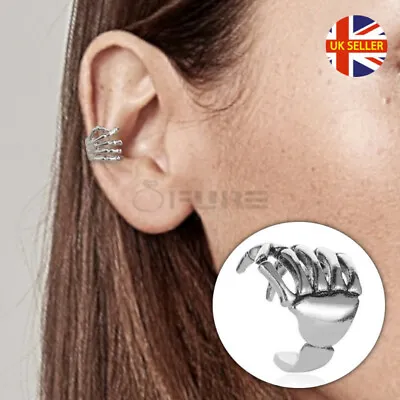1x Stainless Steel Mens Womens Skeleton Hand Finger Ear Cuff Clip Wrap Earrings • £3.99