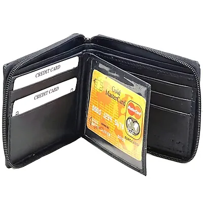 New Men's Bifold Zip Secure Zipper Around Genuine Leather Wallet Id Window Cards • $8.45