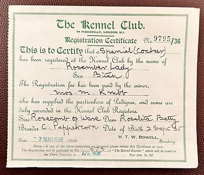 1935 Kennel Club Registration Certificate For Cocker Spaniel To Mrs Knibb • £4.99