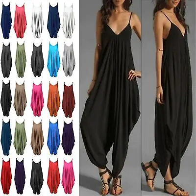 £6.99 • Buy Women Ladies Cami Thin Strappy Lagenlook Italian Drape Long Baggy Harem Jumpsuit