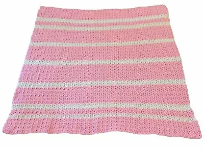 New Handmade Crochet Baby Afghan Pink And White Stripe Throw Blanket 41in X41in • $35