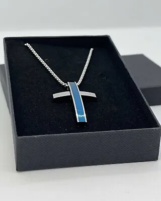 Cross Pendant Necklace Silver & Blue Stainless Steel Chain Crucifix Men Boys • £12.25