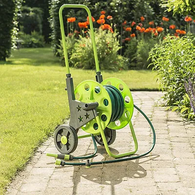 30m Hose Reel Cart Trolley Spray Garden Hosepipe Adjustable Handle Nozzle Wheel • £39.99