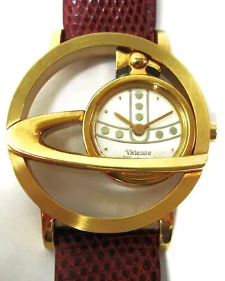 Vivienne Westwood VW-77A3 Circle Orb Watch Gold Red Bordeaux Leather Japan Used • $245