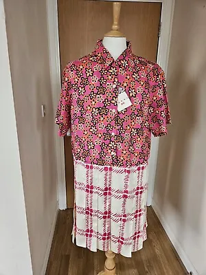 MARNI Uniqlo PINK Floral Check SHIRT DRESS L Oversized LINEN Short Sleeve Collar • £39.99