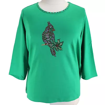 Quacker Factory Knit Top Womens Size XL Green Embellished Cardinal 3/4 Sleeve • $21.99