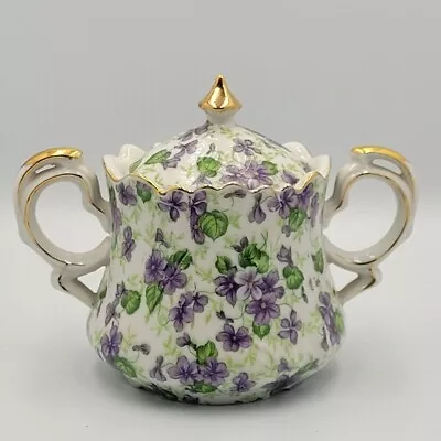 Vintage Lefton Chintz Sugar Bowl W/ Lid Violets Pansies Excellent Condition • $25