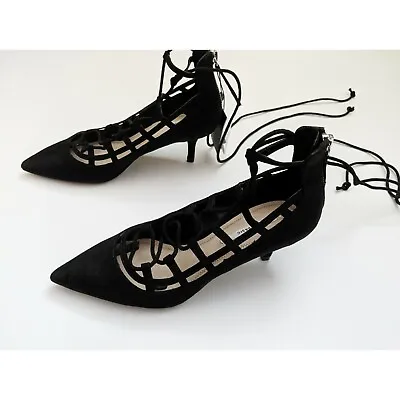 Zara Black Low Heel Lace Up Heels Size 6  • $55.99