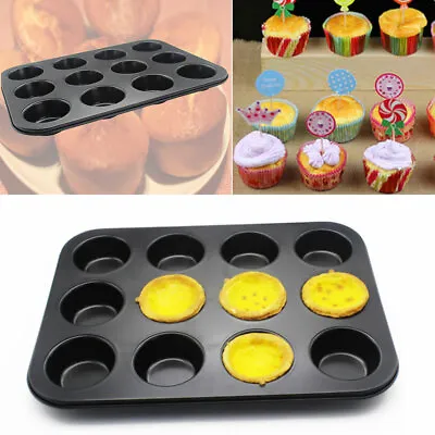 12 Cups Muffin Cupcake Pan Tin Carbon Steel Non Stick Cake Baking Tray Bakeware • $11.49