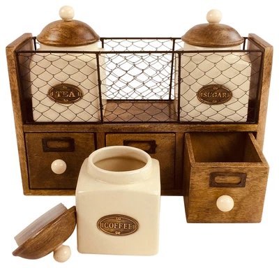 £64.99 • Buy Tea Coffee Sugar Ceramic Jars In Wooden Rack, Kitchen Storage Canisters Set