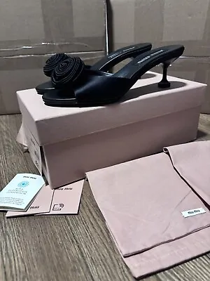 MIU MIU Satin Rose Kitten-Heel Slide Sandals Raso Nero Calzature Donna Size 37 • $320