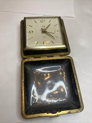 Elgin Travel Alarm Clock Vintage Black Clamshell Wind-Up  Japan Read Description • $2