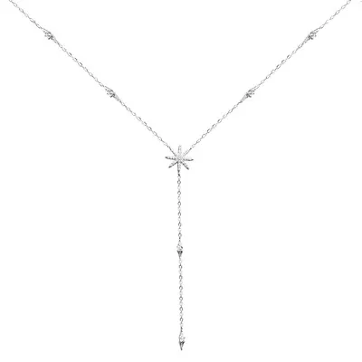 Sterling Silver Long CZ Sunlight Star Sunburst Y Drop Shape Lariat Necklace • £28.57