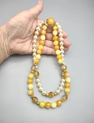 Vintage Coro Yellow Orange Pearl Double Strand Plastic Beaded Necklace I65 • $10.99