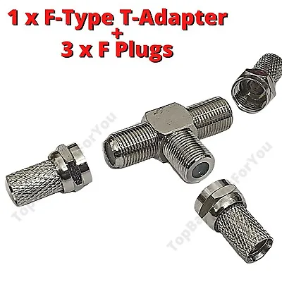 £4.95 • Buy 4Pcs TV Coaxial F Type 3 Way T Adapter Female Connector + F Cable Plug Satellite