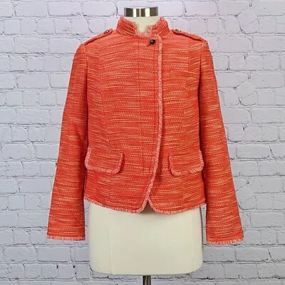 Chico's Sz 4 Orange Tweed Fringe Lady Jacket Hidden Full Zip & Epaulets NWT • $31.45