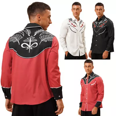 Mens Retro Western Cowboy Shirt Embroidered Casual Slim Fit Button Down Shirt  • £20.40