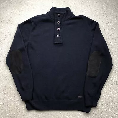 Barbour Mens Pure Wool Quarter Zip Button Knitted Jumper Navy Blue Size L / XL • $44.21