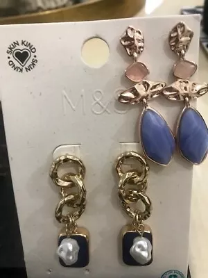 Drop Dangle Earrings X 2 Pairs Gold & Silver Tone Pierced M&S Costume Jewellery • £4.99