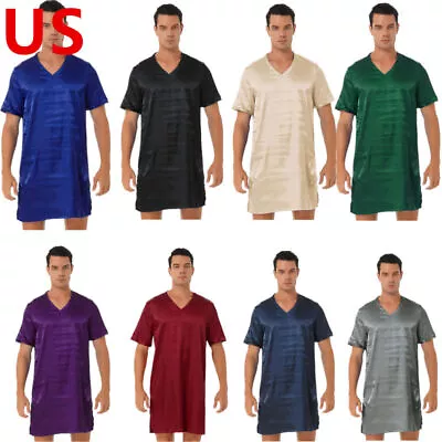 US Men's Nightshirt V Neck Short Sleeve Satin Frilly Nightwear Loose Sleep Shirt • $12.72