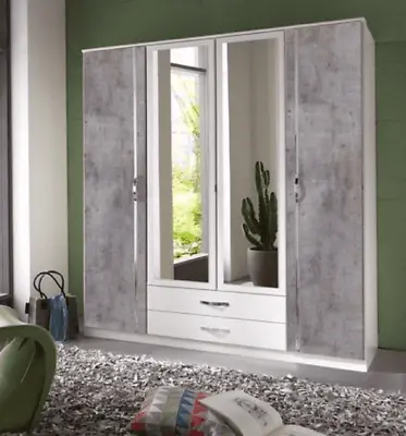 Maria Concrete Grey And White Mirrored 4 Door 2 Drawer German Bedroom Wardrobe • £479