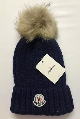 Moncler Wool Blue Beanie Faux Fur Removable Pom-Pom Hat NWT • $79