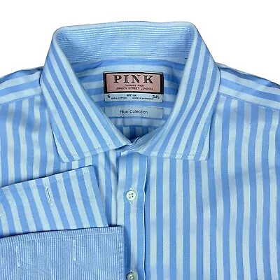 Thomas Pink Blue Collection Dress Shirt Size 16 French Cuff Button Up Herringbon • $24.77