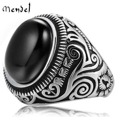 MENDEL Stainless Steel Mens Oval Black Onyx Ring Size 7 8 9 10 11 12 13 14 15 • $11.99