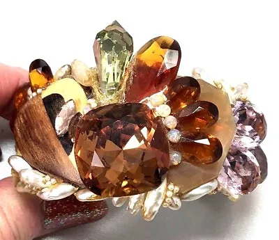 Show Stopper Signed Wendy Gell  DRAMATIC  Gem  Encrusted Bracelet!  Wood Accents • $281.48