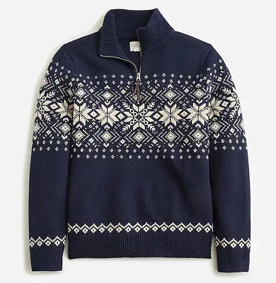 NWT J Crew 100% Lambs Wool Half Zip Fair Isle Birds Eye Ski Sweater Blue & White • $149.99