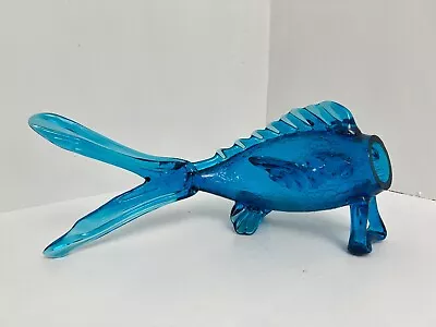 Vtg Empoli MCM Crackle Hand Blown Blue Colored Glass Fish 11  X 6  Italy • $75