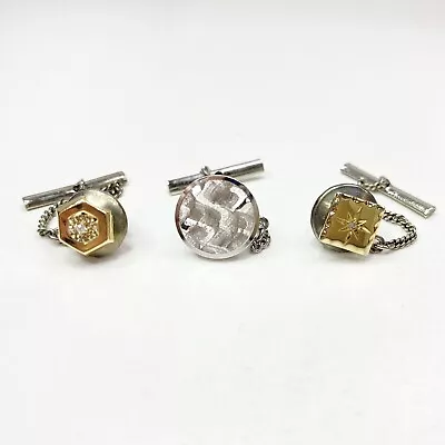Vintage Set Of 3 Diamond Gold Filled And White Gold Filled Tie Tacks Lapel Pins • $65