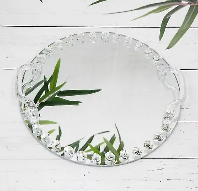 £18.95 • Buy Round Glass Crystal Beaded Mirrored Vanity Candle Tray Perfume Plate Display 