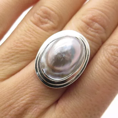 925 Sterling Silver Vintage Real Blister Pearl Modernist Ring Size 6.25 • $94.95