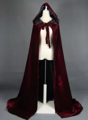 Wine Black Velvet Hooded Cloak Cape Wedding Halloween Coat Costume Wicca Robe • $37.59