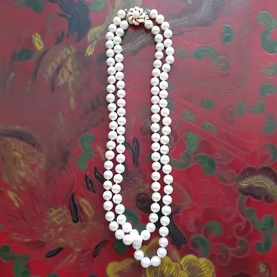 Vintage Saltwater Pearl Double Strand Necklace 14k Gold/ Pearl Clasp. • $600