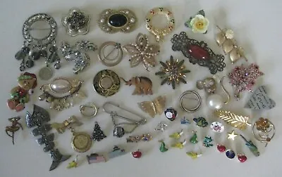 49 Vintage Pins Brooches Flower Gold Silver Jewelry Rhinestone Wear Crafts Lot • $39.99