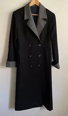 Womens Double Breasted Wool Coat Size XS/S Long Black Grey Pockets YSL Lining • $32