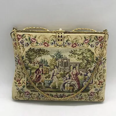 Antique French Scene Petit Point Tapestry Crystal Decorated Brass Frame Purse • $199.99