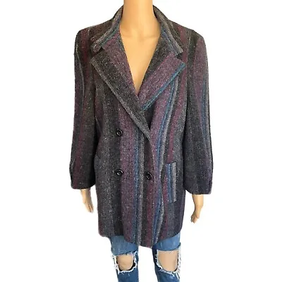 Vintage Double Breasted Indian Blanket Wool Coat Size L 80s Striped Chimayo Coat • $199.95