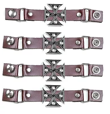 4 Set Vest Extender Metal Iron Cross Brown Leather For MC Jacket Bikers Vest • $28.99