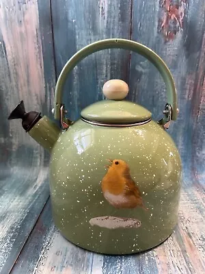 Vtg Country Farmhouse Green Speckled Enamel Tea Kettle W Swing Handle Baby Chic • $42.99