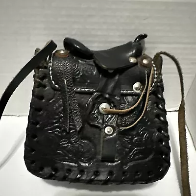 Vtg Mini Black Leather Shoulder Bag Horse Saddle Tooled Western Handbag 5” X 5” • $30
