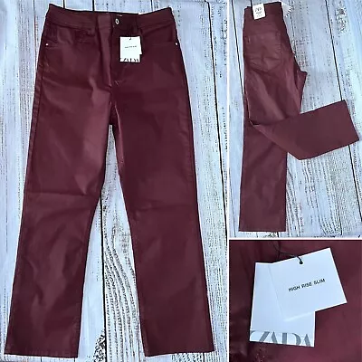 Zara Burgundy Red Jeans Wax Coated High Rise Slim Fit Cropped New With Tags 14 • £29.99